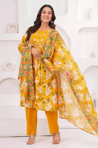 Yellow women embroiderd printed pure cotton kurta with trousers & with dupatta