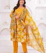 Yellow women embroiderd printed pure cotton kurta with trousers & with dupatta