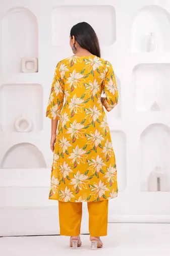 Yellow women embroiderd printed cotton kurta with trousers & with dupatta