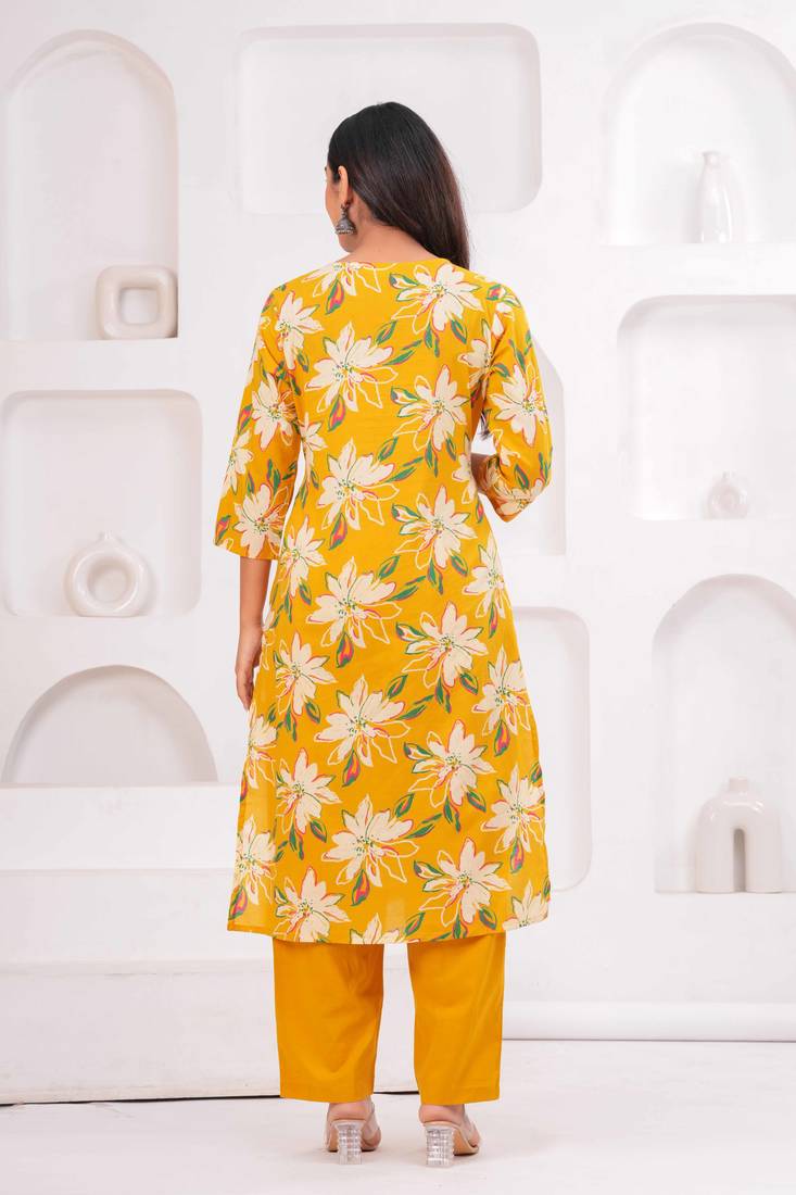 Yellow women embroiderd printed pure cotton kurta with trousers & with dupatta