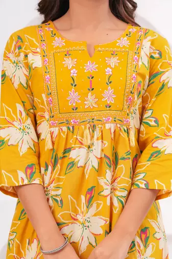 Yellow women embroiderd printed cotton kurta with trousers & with dupatta