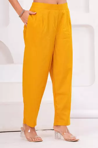 Yellow women embroiderd printed cotton kurta with trousers & with dupatta