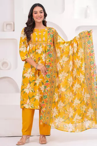 Yellow women embroiderd printed cotton kurta with trousers & with dupatta