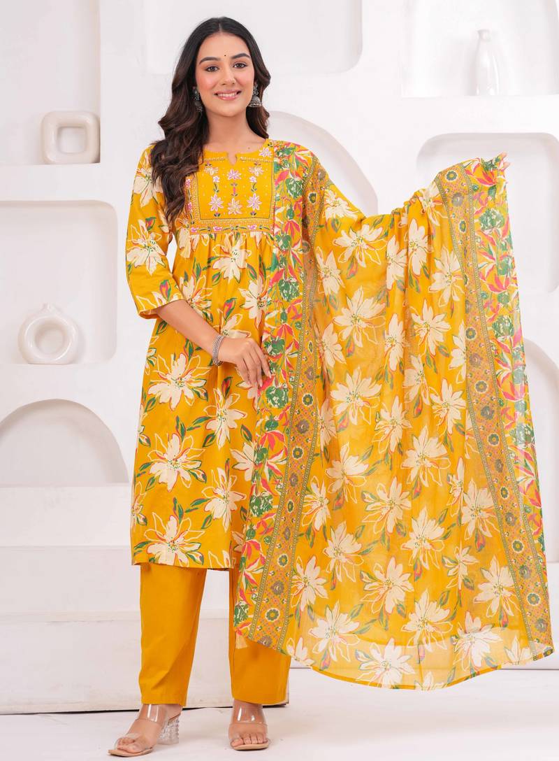 Yellow women embroiderd printed pure cotton kurta with trousers & with dupatta