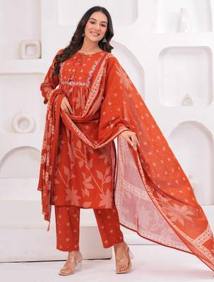 Rust printed and zari cotton kurta with trousers & with dupatta 1