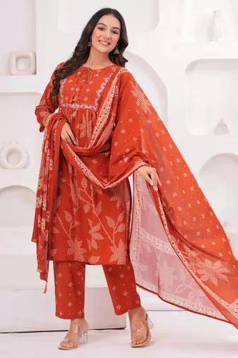 Rust women regular printed and zari pure cotton kurta with trousers & with dupatta