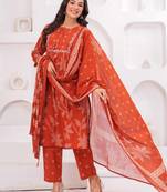 Rust women regular printed and zari pure cotton kurta with trousers & with dupatta