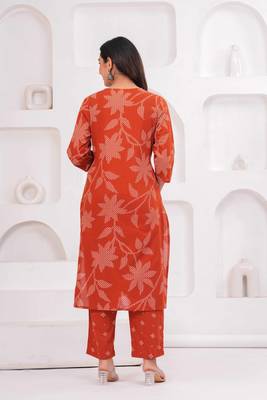 Rust printed and zari cotton kurta with trousers & with dupatta 2