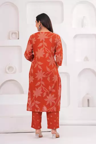 Rust printed and zari cotton kurta with trousers & with dupatta