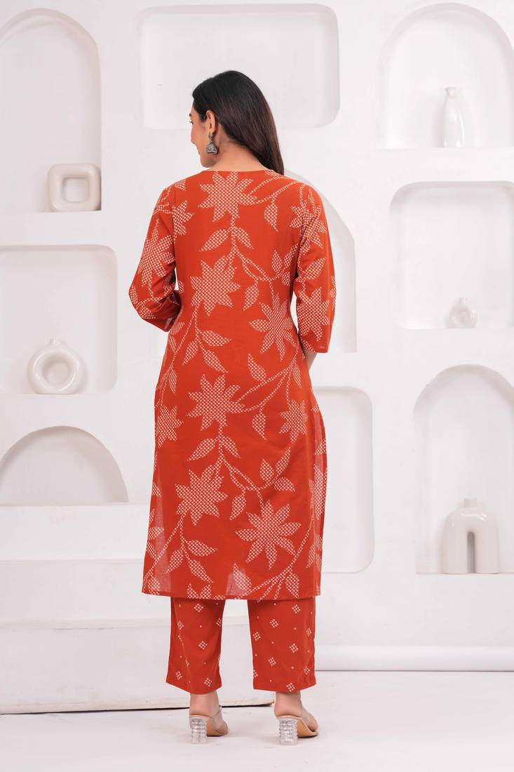 Rust women regular printed and zari pure cotton kurta with trousers & with dupatta