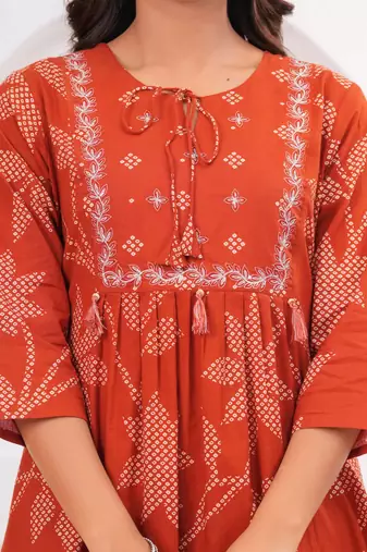 Rust printed and zari cotton kurta with trousers & with dupatta