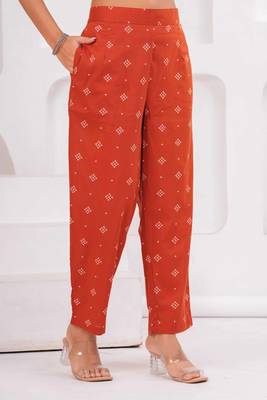 Rust printed and zari cotton kurta with trousers & with dupatta 4
