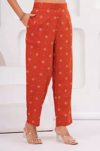 Rust printed and zari cotton kurta with trousers & with dupatta