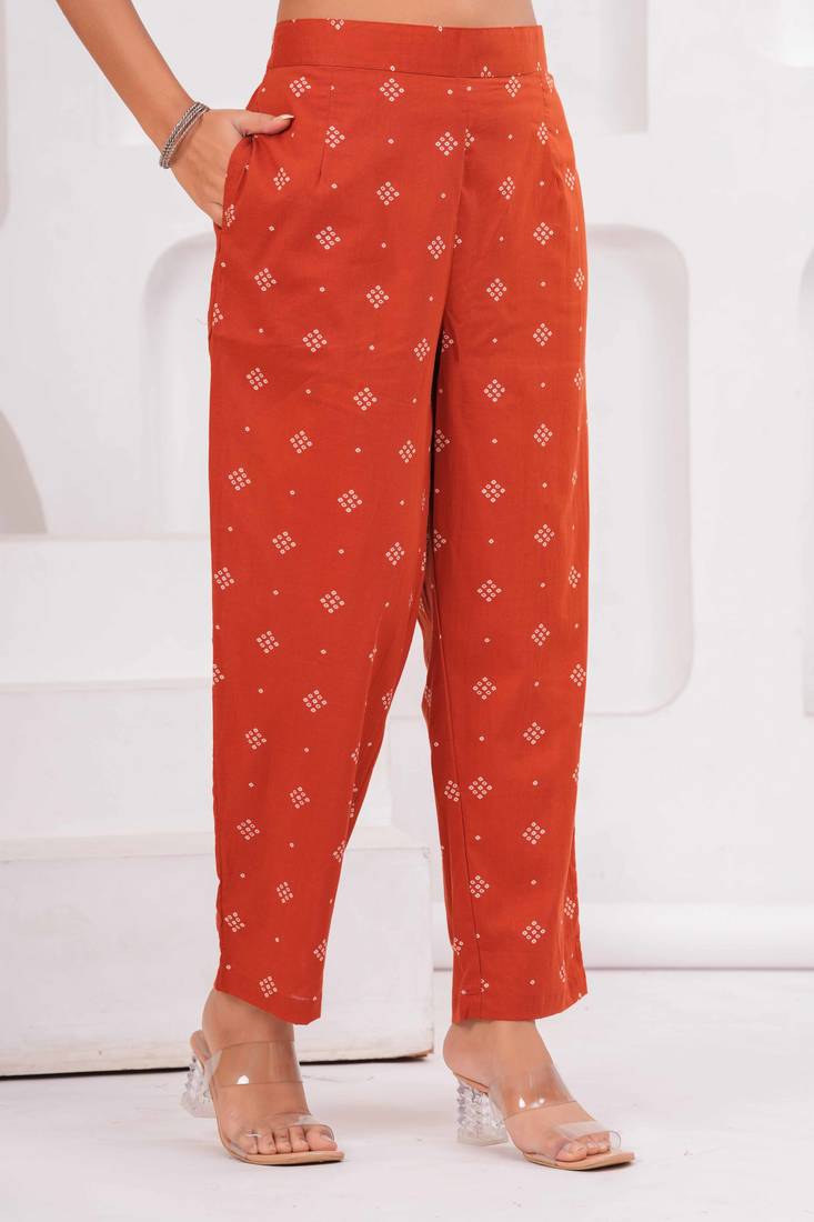 Rust women regular printed and zari pure cotton kurta with trousers & with dupatta