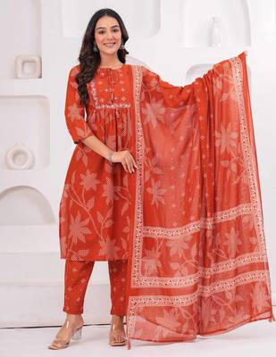 Rust printed and zari cotton kurta with trousers & with dupatta 5