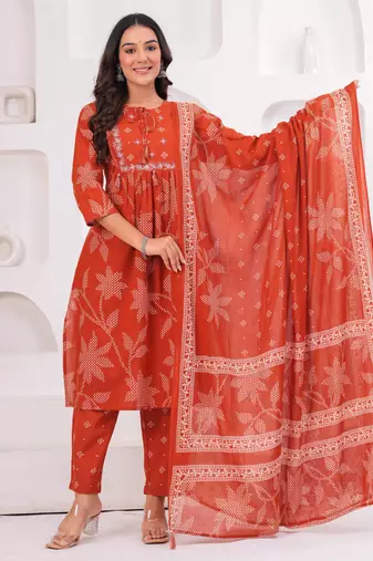 Rust printed and zari cotton kurta with trousers & with dupatta