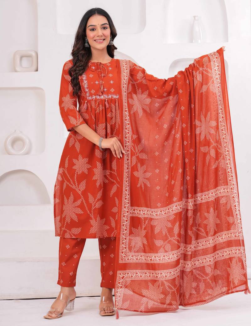 Rust women regular printed and zari pure cotton kurta with trousers & with dupatta