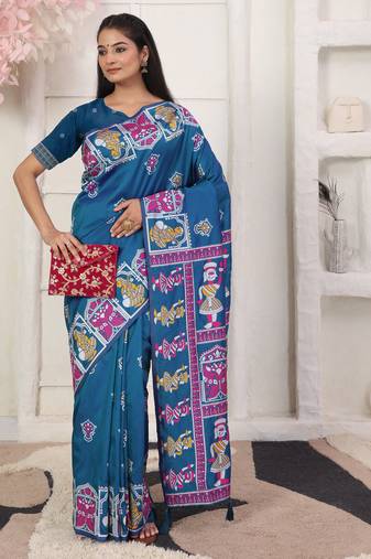 teal blue color woven work art silk blend saree