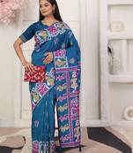 teal blue color woven work art silk blend saree