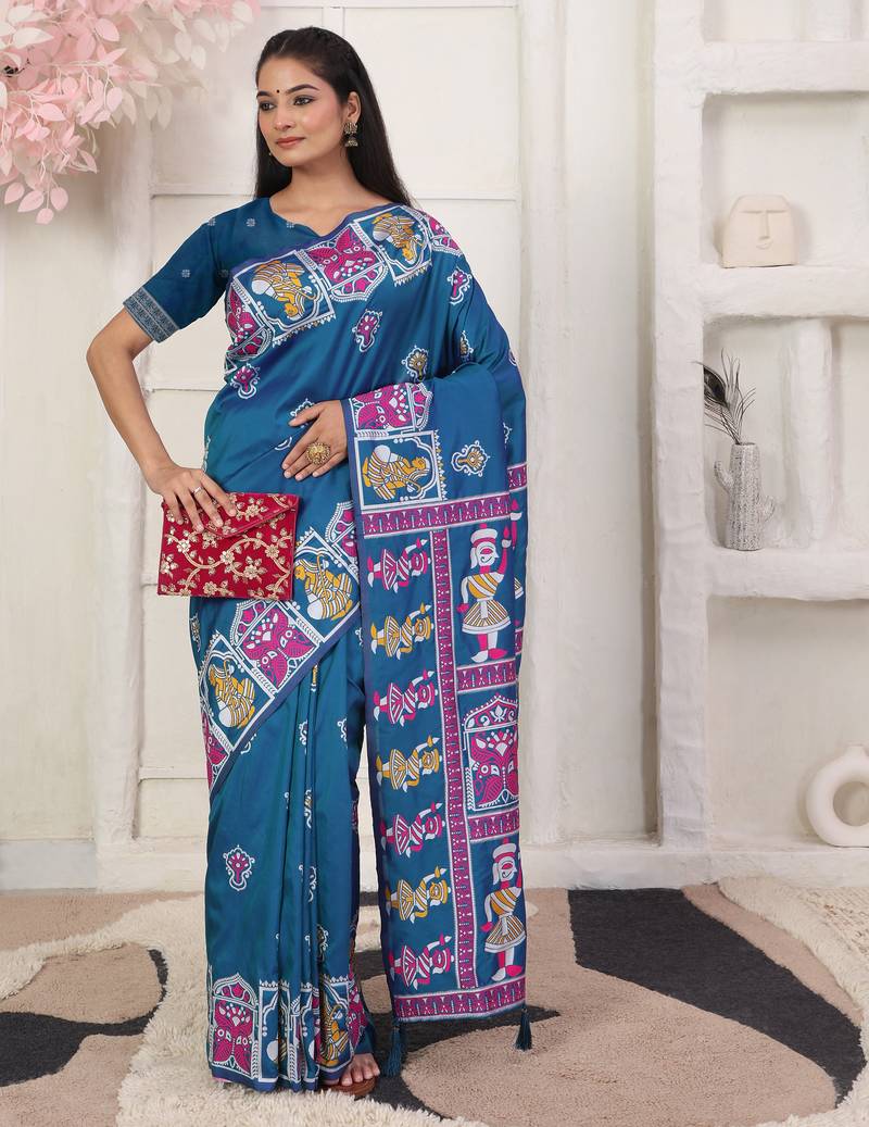 teal blue color woven work art silk blend saree