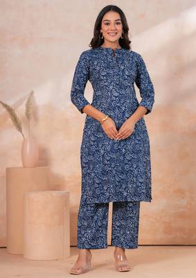 Blue printed cotton kurta set 1