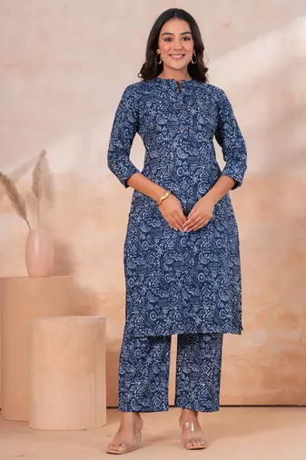 Indigo printed pure cotton kurta set
