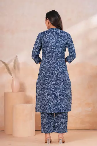 Blue printed cotton kurta set