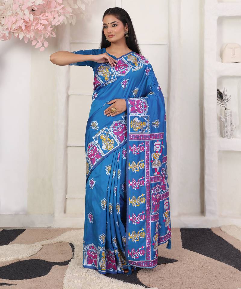 blue color woven work art silk blend saree