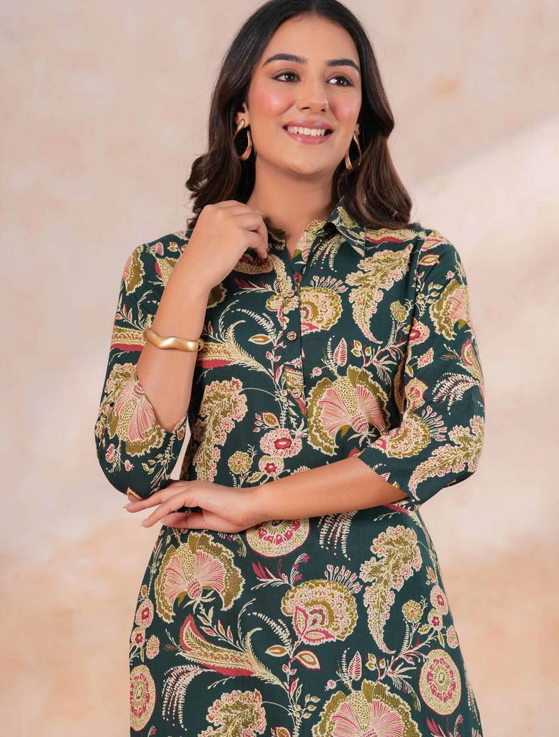 Floral printed collar pure cotton co-ord set
