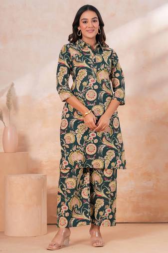 Floral printed collar pure cotton co-ord set
