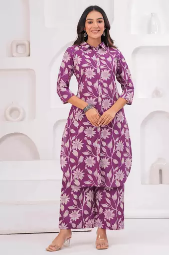 Floral printed collar pure cotton co-ord set