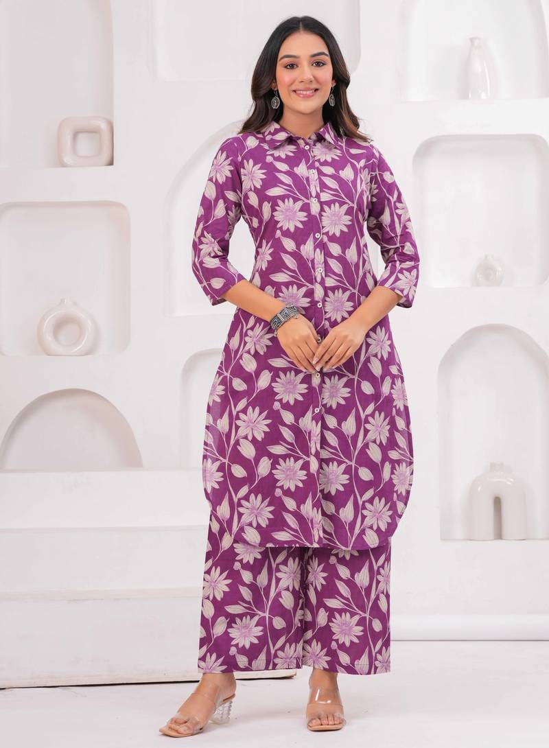 Floral printed collar pure cotton co-ord set
