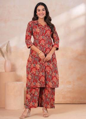 Maroon Floral printed collar cotton co-ord set 1