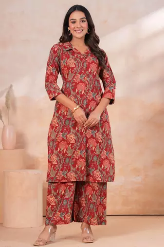 Floral printed collar pure cotton co-ord set