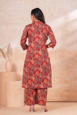 Maroon Floral printed collar cotton co-ord set 3