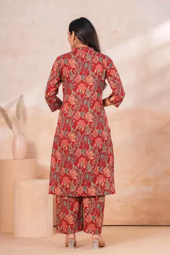 Maroon Floral printed collar cotton co-ord set