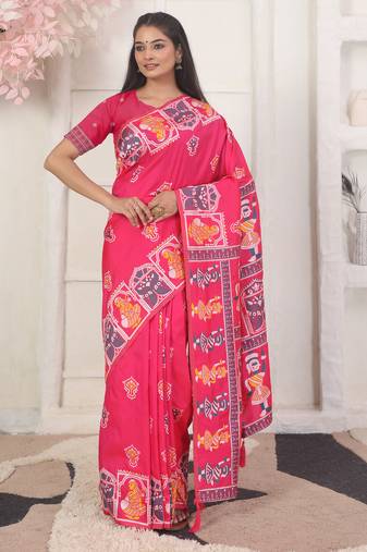 pink color woven work art silk blend saree