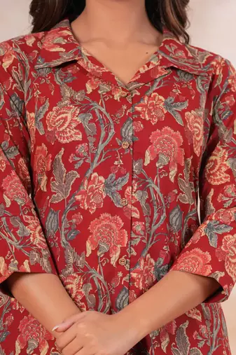 Maroon Floral printed collar cotton co-ord set