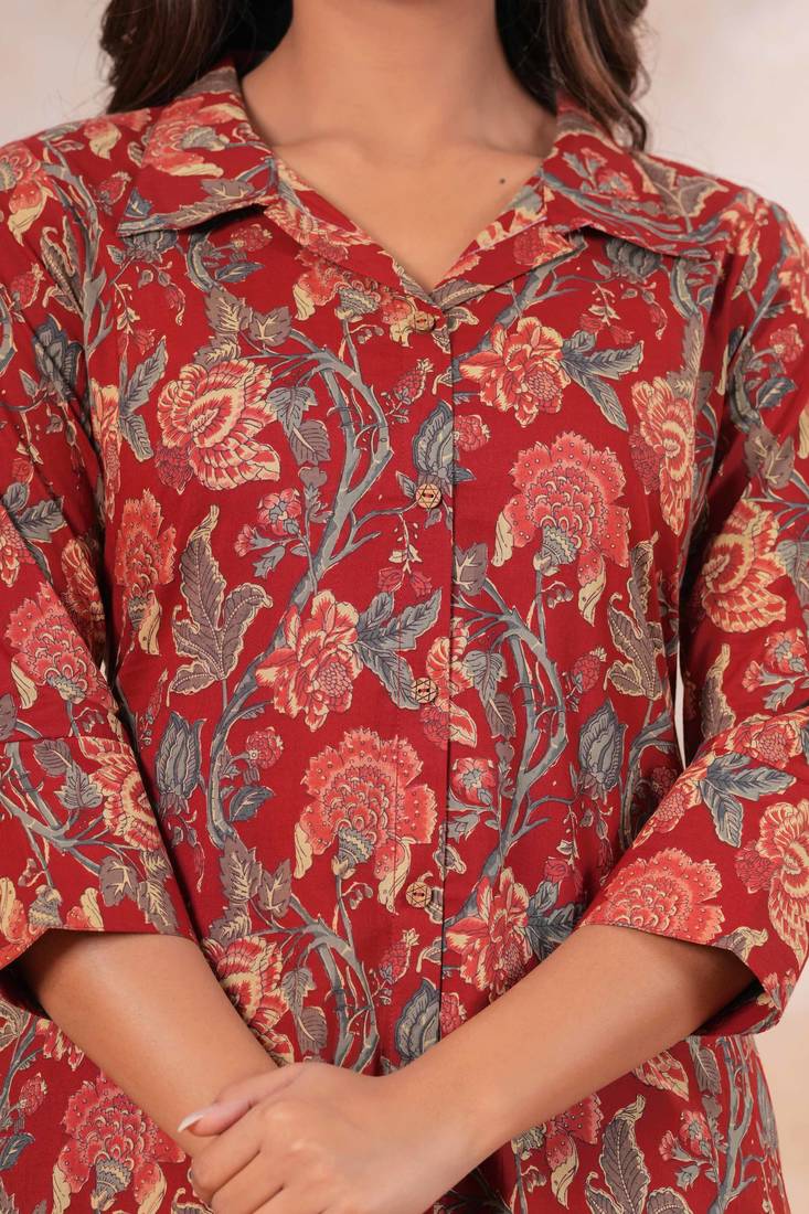 Floral printed collar pure cotton co-ord set
