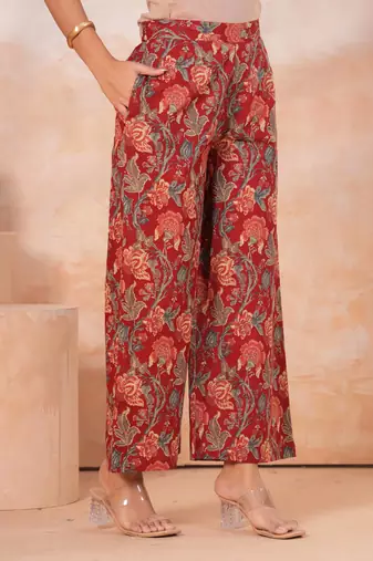 Maroon Floral printed collar cotton co-ord set