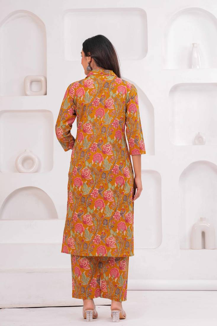 Floral printed collar pure cotton co-ord set