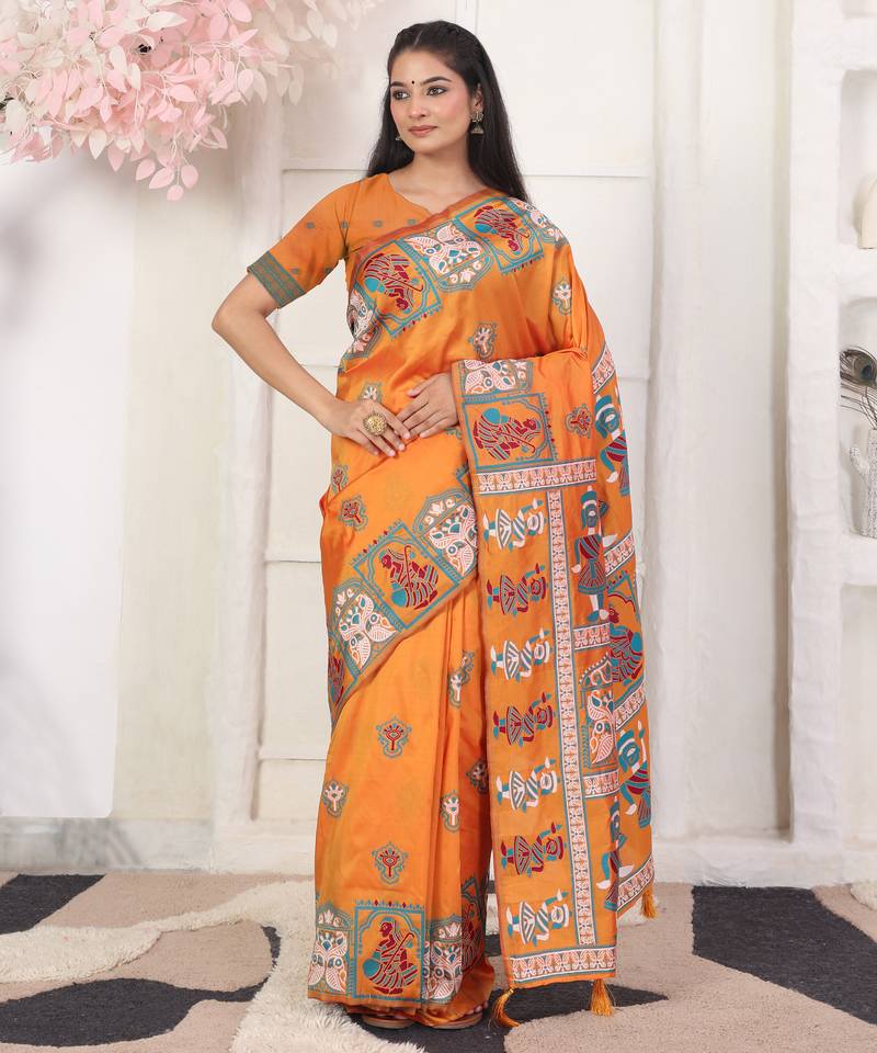 orange color woven work art silk blend saree