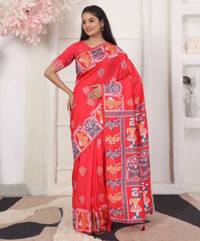 red color woven work art silk blend saree