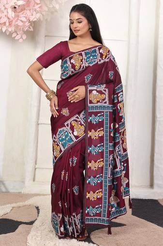 wine color woven work art silk blend saree