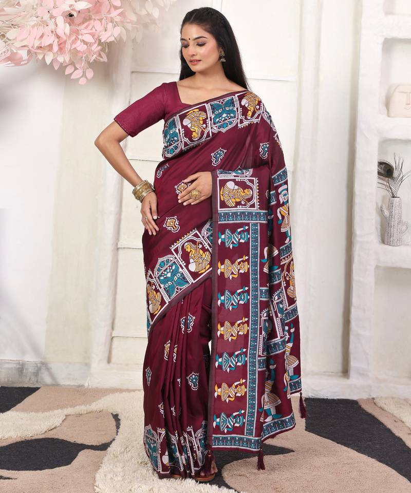 wine color woven work art silk blend saree