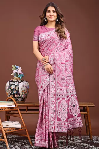 pink color woven work linen cotton saree