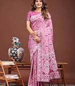 pink color woven work linen cotton saree