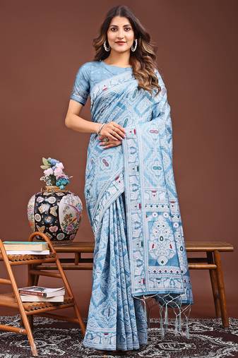 sky blue color woven work linen cotton saree