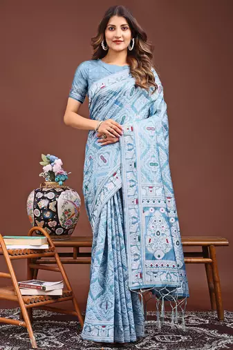 sky blue color woven work linen cotton saree