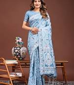 sky blue color woven work linen cotton saree